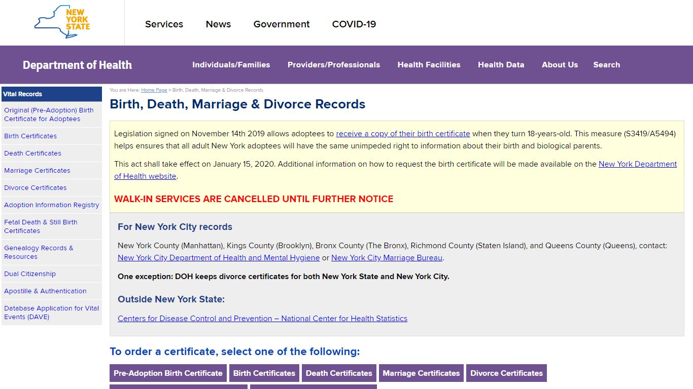 Birth, Death, Marriage & Divorce Records - New York State Department of ...